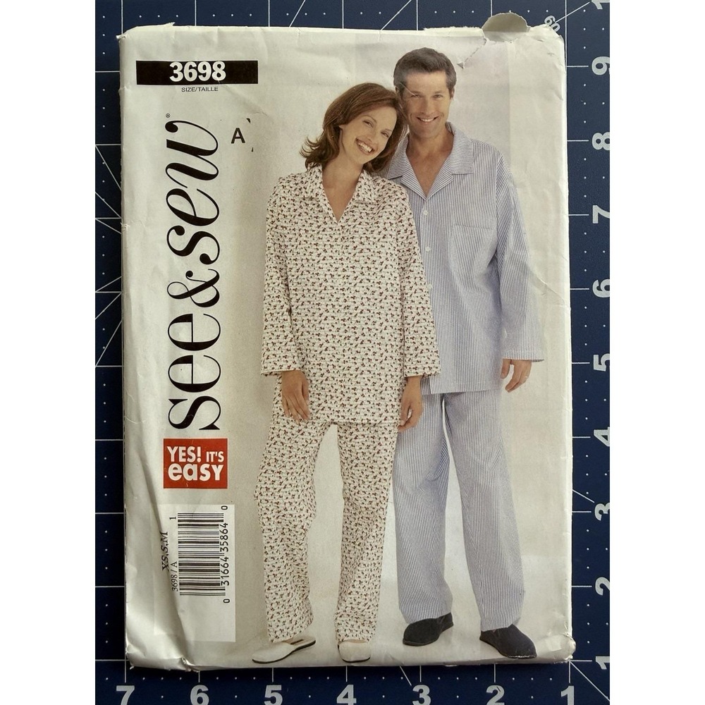 Butterick See & Sew Easy Pattern 3698 Unisex‎ Pajama PJ Top & Pants Bottoms XS-M